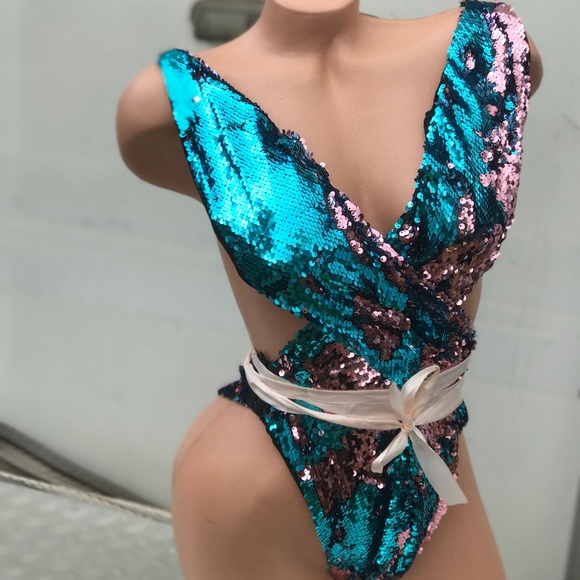 Other - Blue pink sequin rave bodysuit mermaid metallic festival swimsuit Las Vegas q2